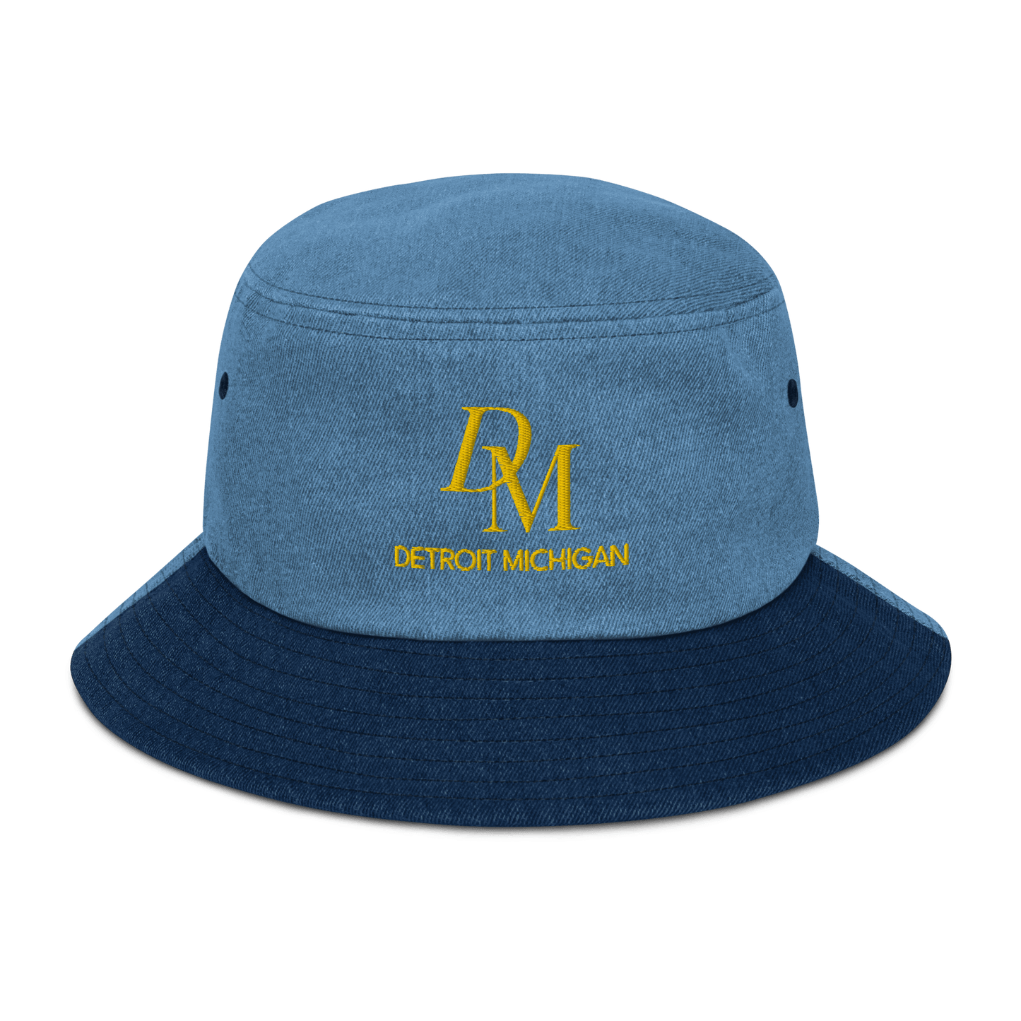 'DM Detroit Michigan' Denim Bucket Hat (Luxury Goods Parody) | Gold Embroidery - Circumspice Michigan