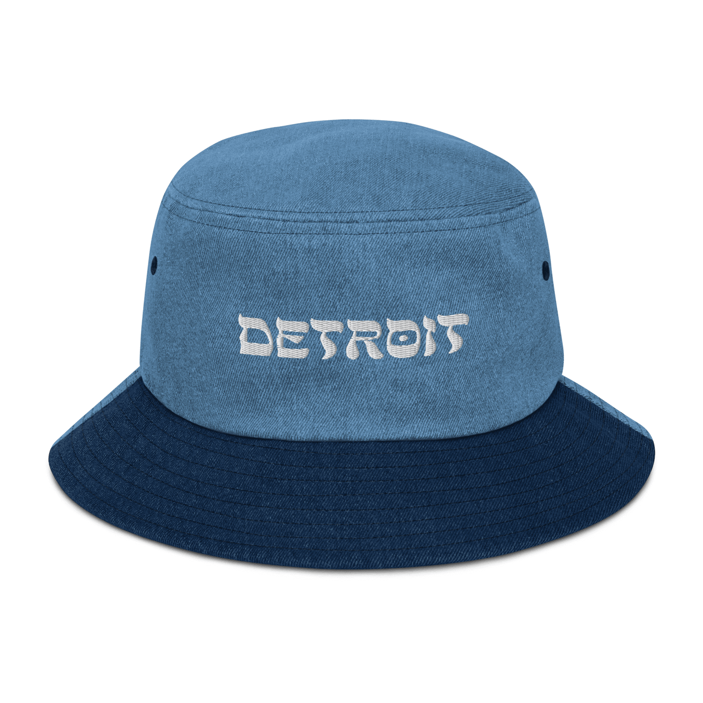 'Detroit' Denim Bucket Hat (Hebrew-Styled Font) | White Embroidery - Circumspice Michigan