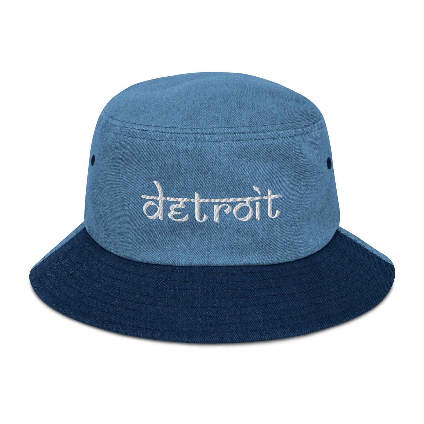 'Detroit' Denim Bucket Hat (South Asian-Style Font) | White Embroidery - Circumspice Michigan