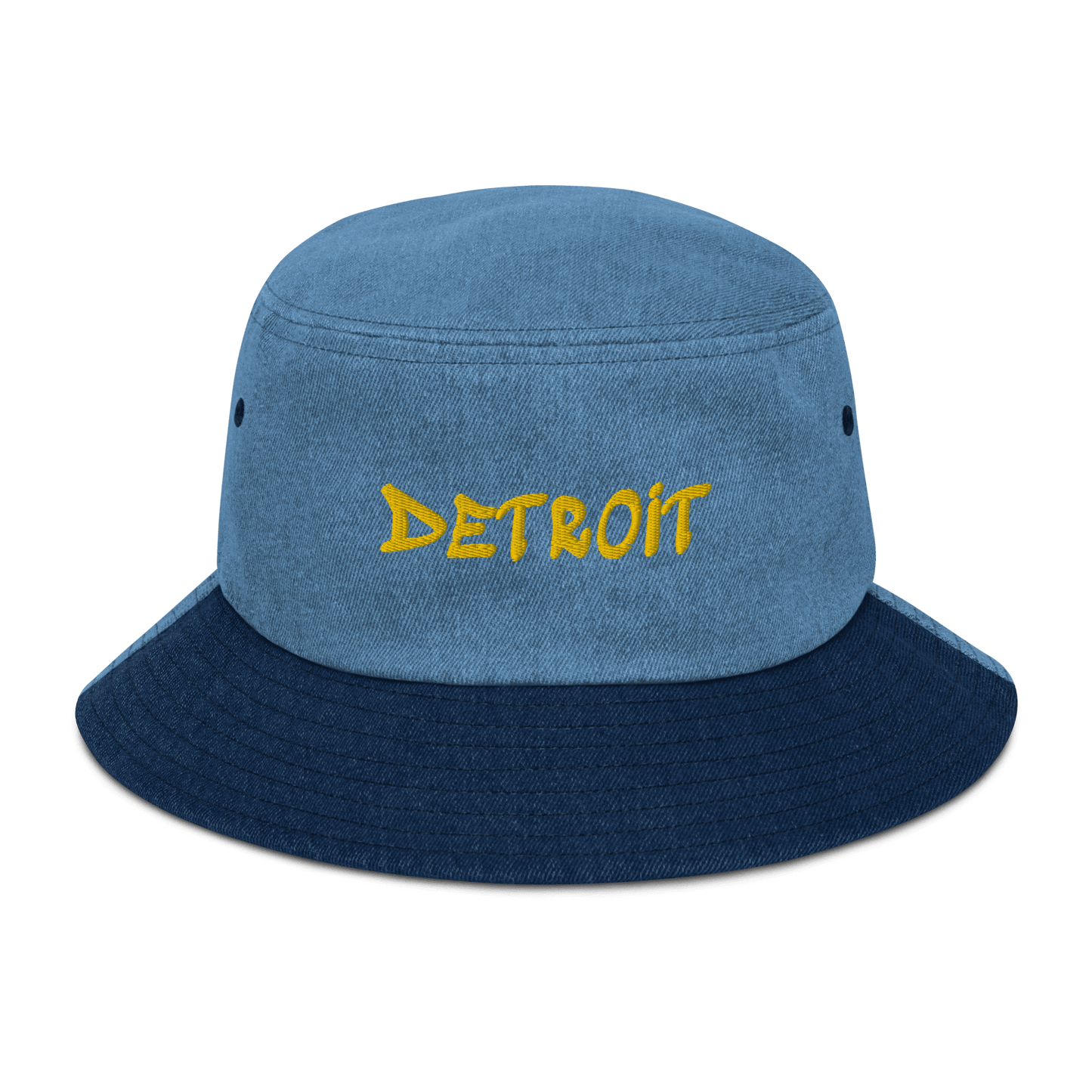 'Detroit' Denim Bucket Hat (1980s Hip Hop Font) | Yellow Embroidery - Circumspice Michigan