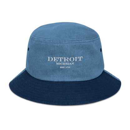 'Detroit Michigan Est. 1701' Denim Bucket Hat | White Embroidery - Circumspice Michigan