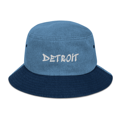 'Detroit' Denim Bucket Hat (1980's Hip Hop Font) | White Embroidery - Circumspice Michigan