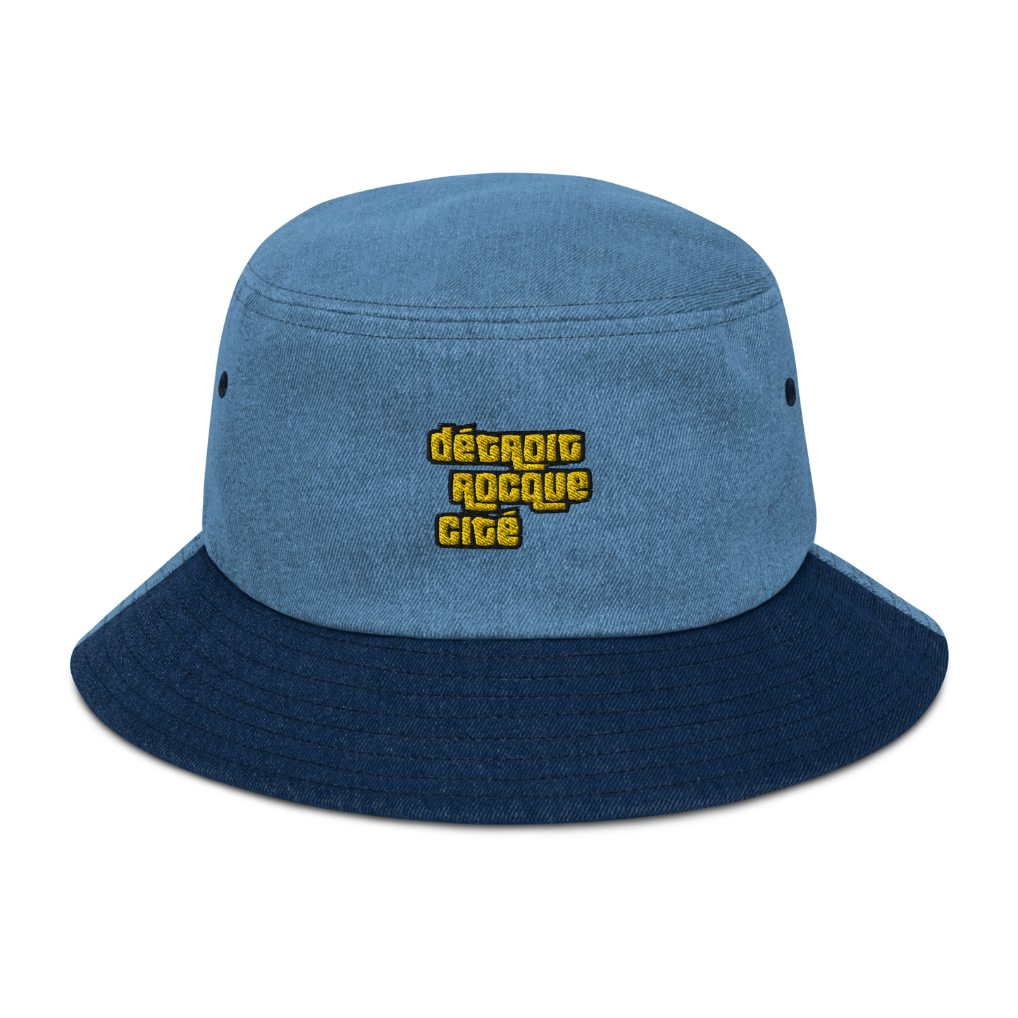 'Détroit Rocque Cité' Denim Bucket Hat (1970s Font) | Gold Embroidery