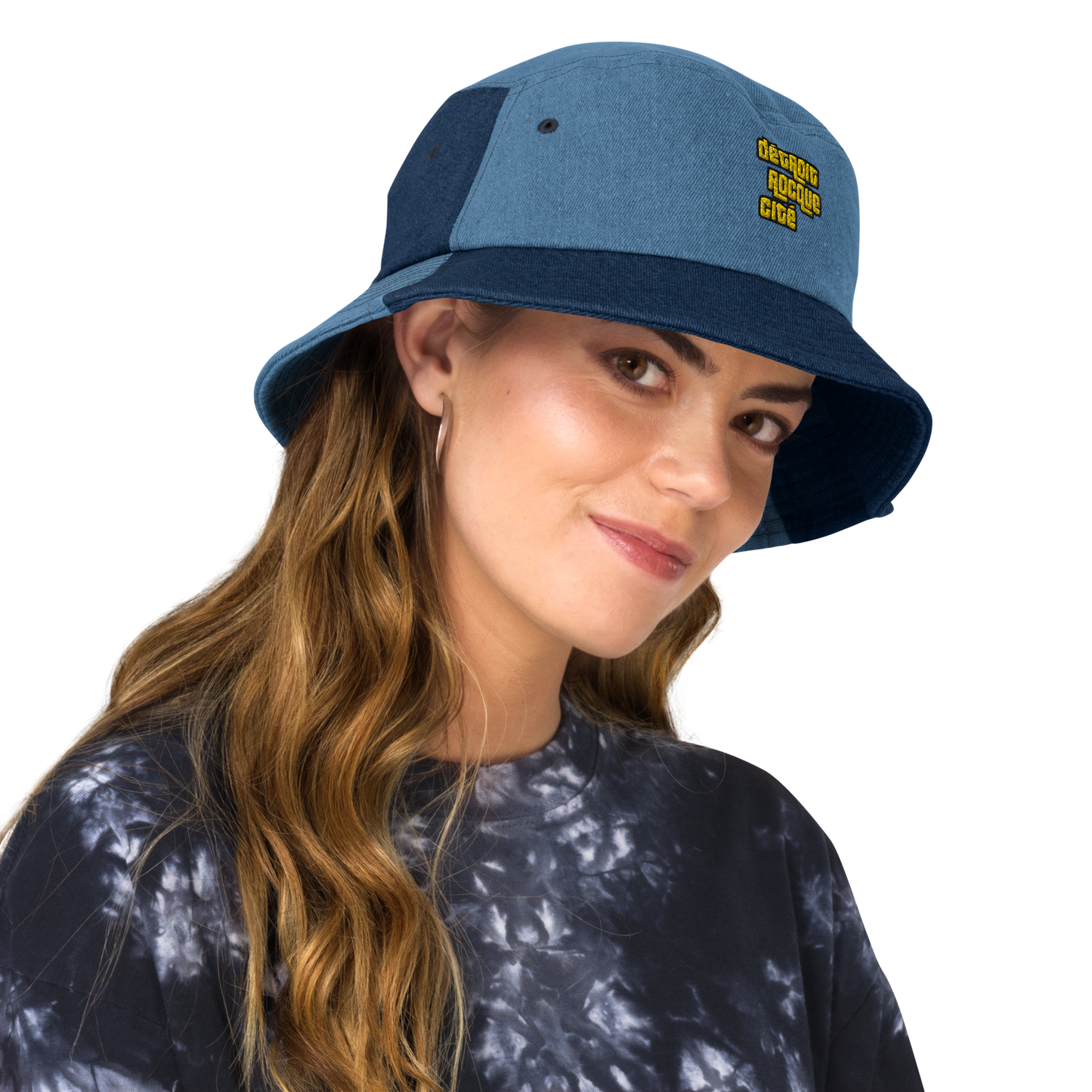 'Détroit Rocque Cité' Denim Bucket Hat (1970s Font) | Gold Embroidery