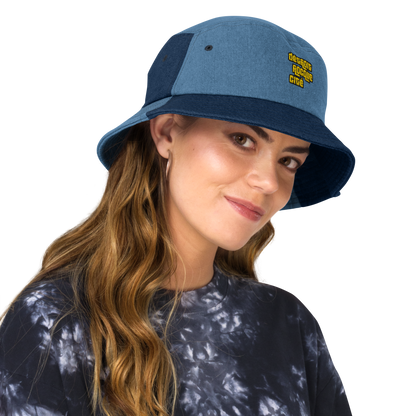 'Détroit Rocque Cité' Denim Bucket Hat (1970s Font) | Gold Embroidery