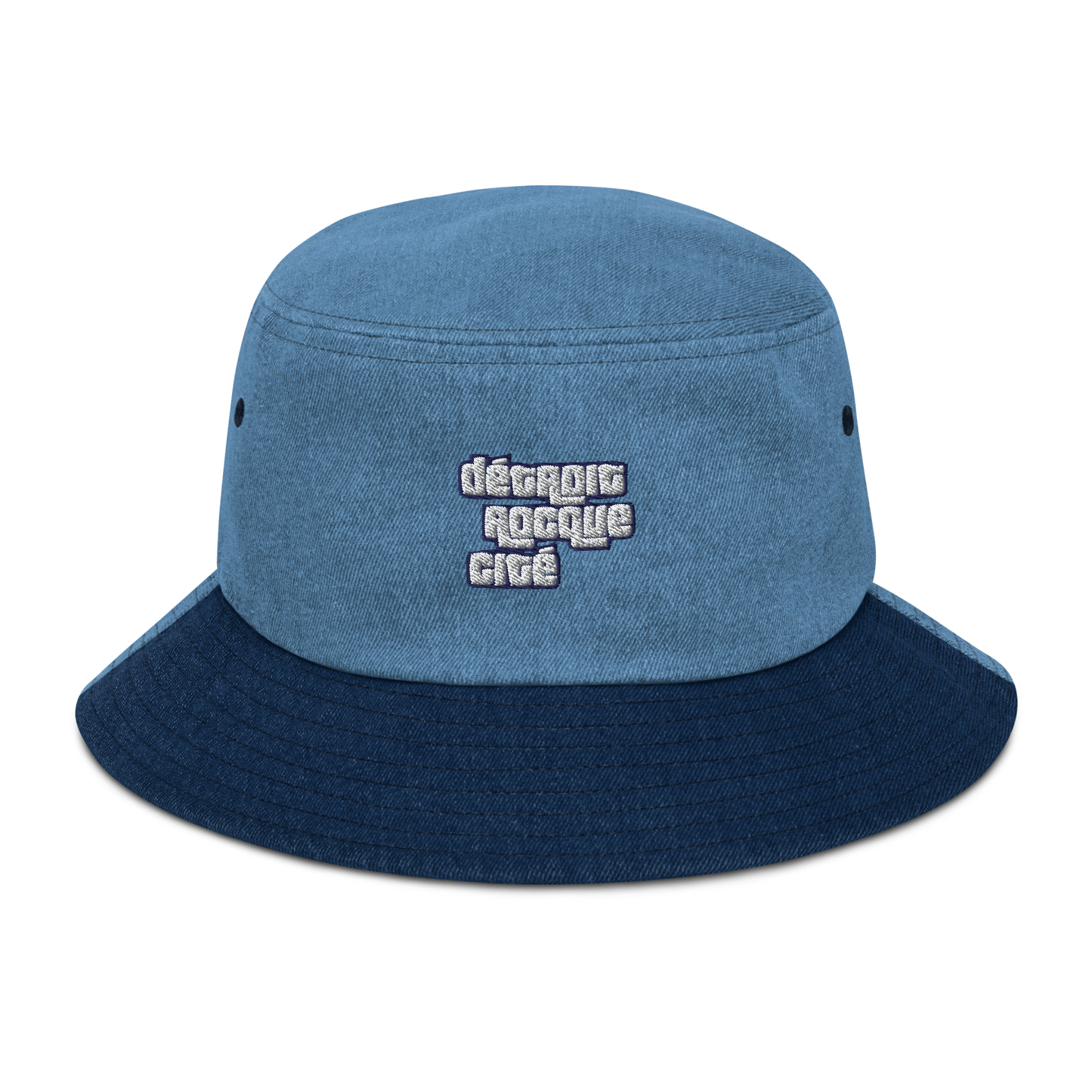 'Détroit Rocque Cité' Denim Bucket Hat (1970s Font) | White Embroidery