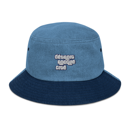 'Détroit Rocque Cité' Denim Bucket Hat (1970s Font) | White Embroidery