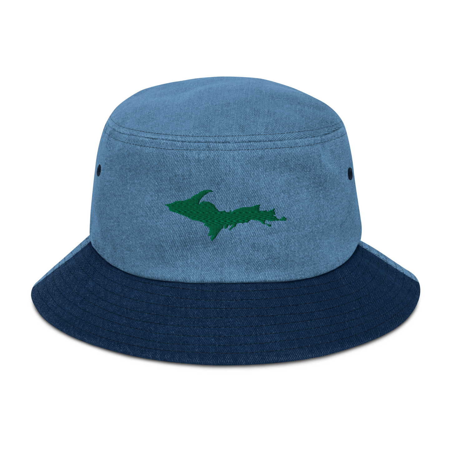 Michigan Upper Peninsula Denim Bucket Hat (w/ Green UP Outline)