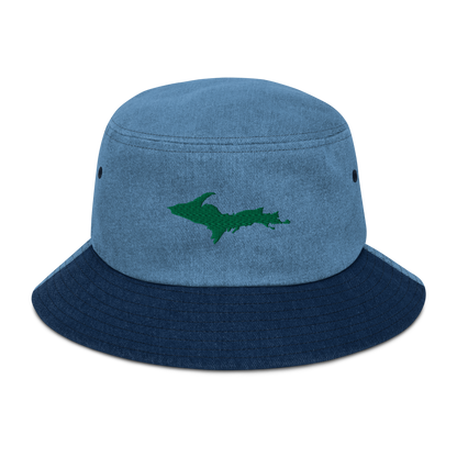 Michigan Upper Peninsula Denim Bucket Hat (w/ Green UP Outline)