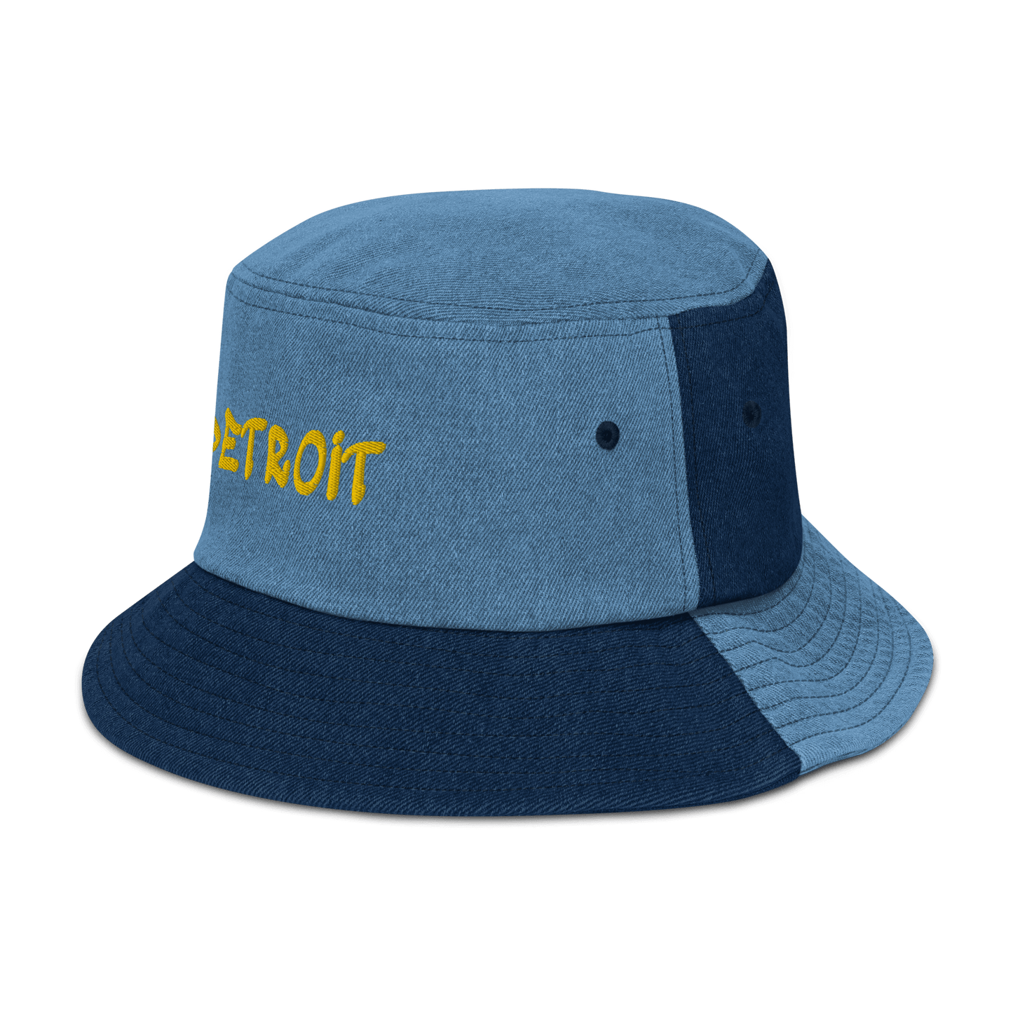 'Detroit' Denim Bucket Hat (1980s Hip Hop Font) | Yellow Embroidery - Circumspice Michigan