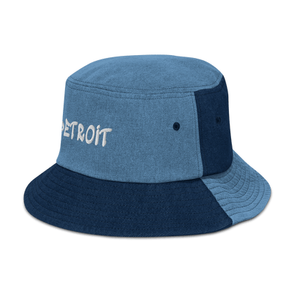 'Detroit' Denim Bucket Hat (1980's Hip Hop Font) | White Embroidery - Circumspice Michigan