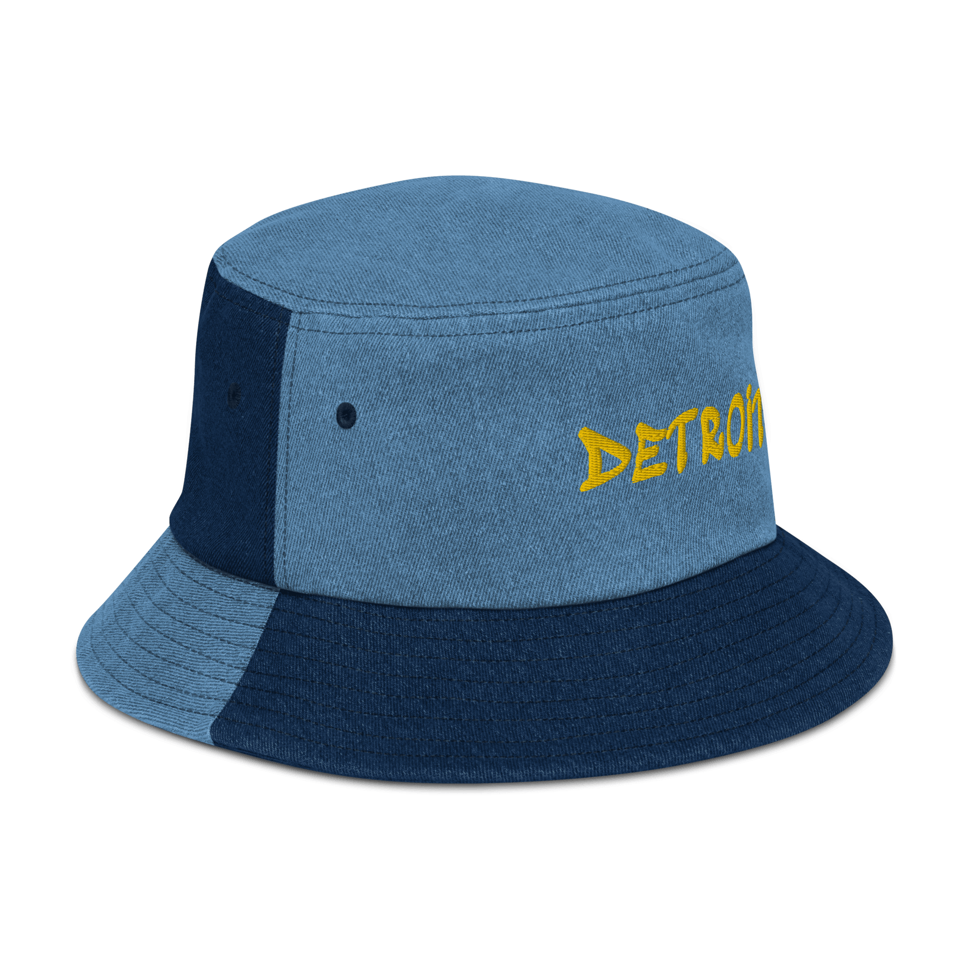 'Detroit' Denim Bucket Hat (1980s Hip Hop Font) | Yellow Embroidery - Circumspice Michigan