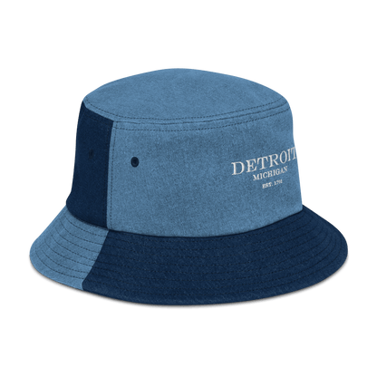 'Detroit Michigan Est. 1701' Denim Bucket Hat | White Embroidery - Circumspice Michigan