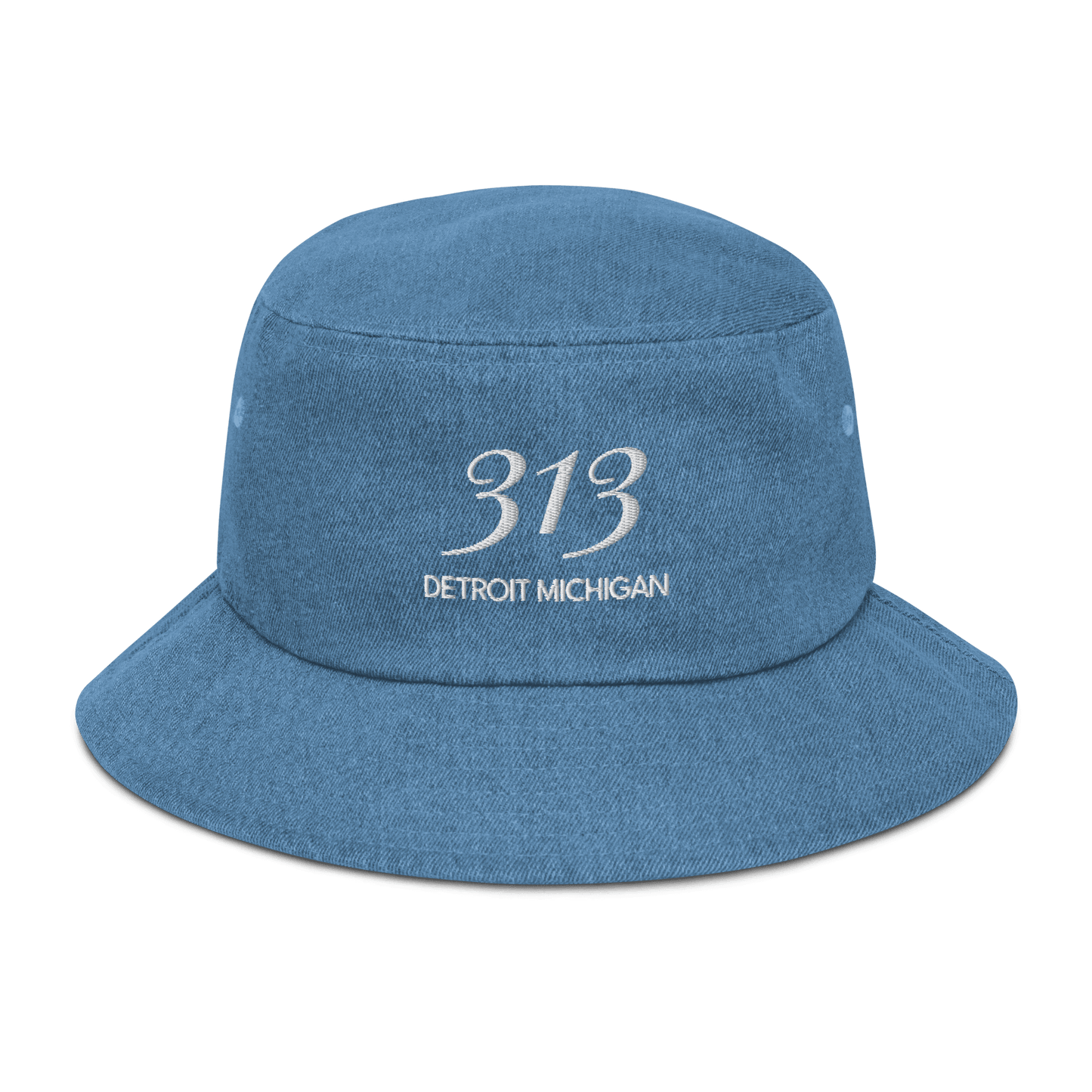 '313 Detroit Michigan' Denim Bucket Hat (Luxury Goods Parody) | White Embroidery - Circumspice Michigan