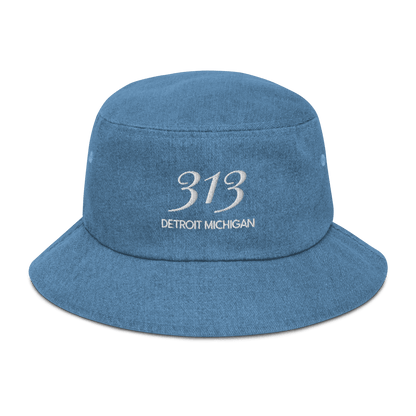 '313 Detroit Michigan' Denim Bucket Hat (Luxury Goods Parody) | White Embroidery - Circumspice Michigan