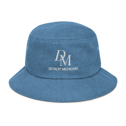 'DM Detroit Michigan' Denim Bucket Hat (Luxury Goods Parody) | White Embroidery - Circumspice Michigan