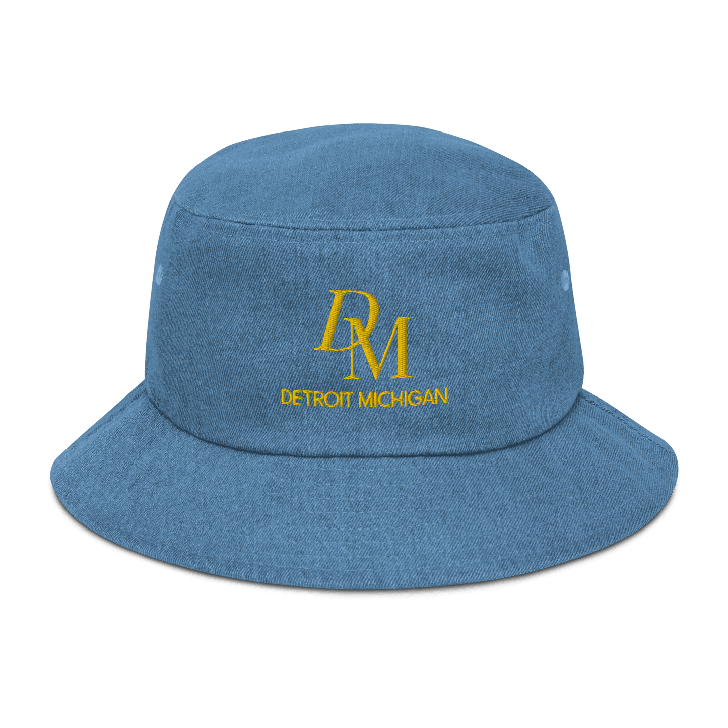 'DM Detroit Michigan' Denim Bucket Hat (Luxury Goods Parody) | Gold Embroidery - Circumspice Michigan