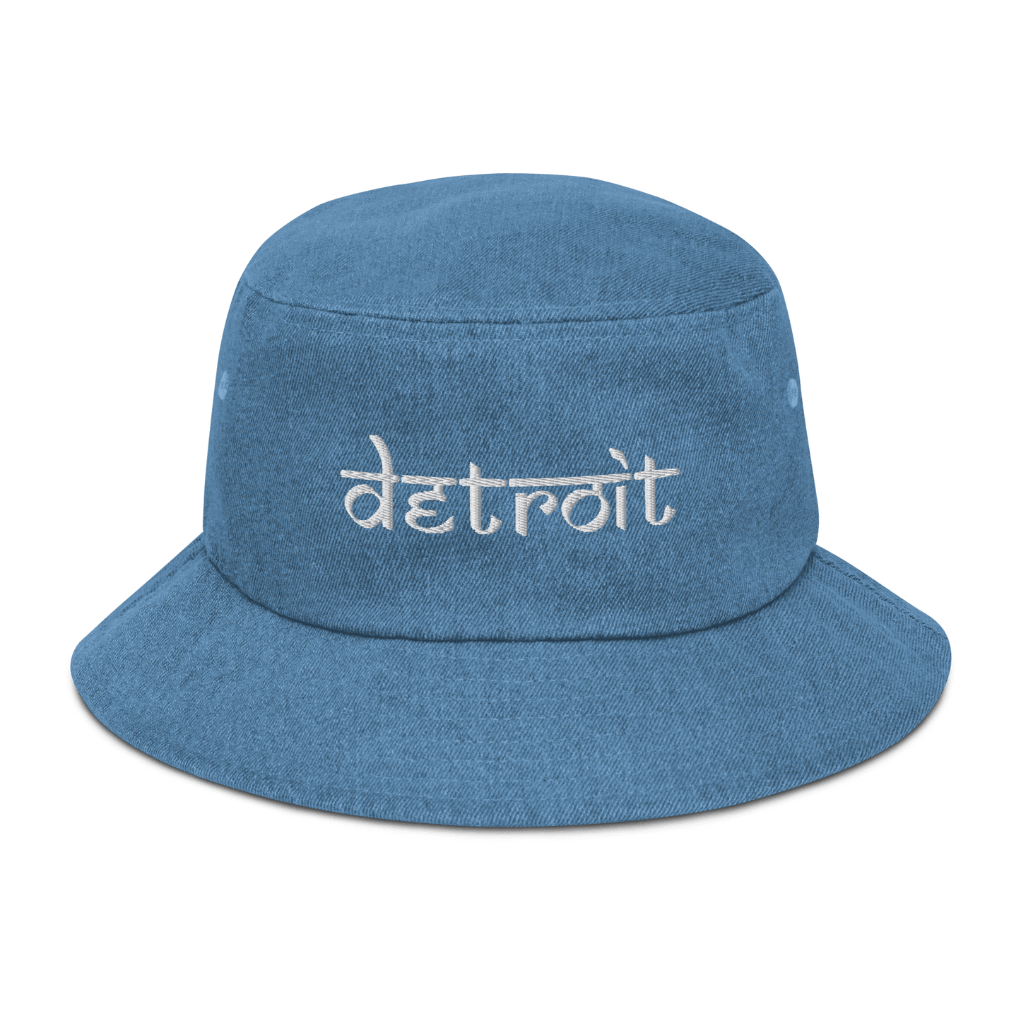 'Detroit' Denim Bucket Hat (South Asian-Style Font) | White Embroidery - Circumspice Michigan