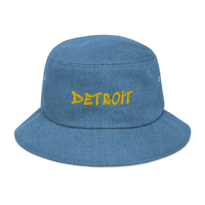 'Detroit' Denim Bucket Hat (1980s Hip Hop Font) | Yellow Embroidery - Circumspice Michigan