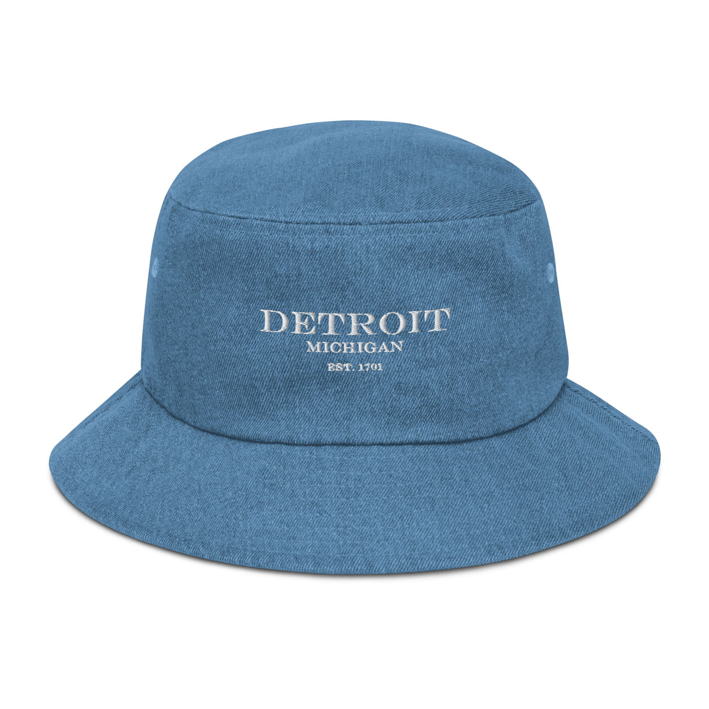 'Detroit Michigan Est. 1701' Denim Bucket Hat | White Embroidery - Circumspice Michigan