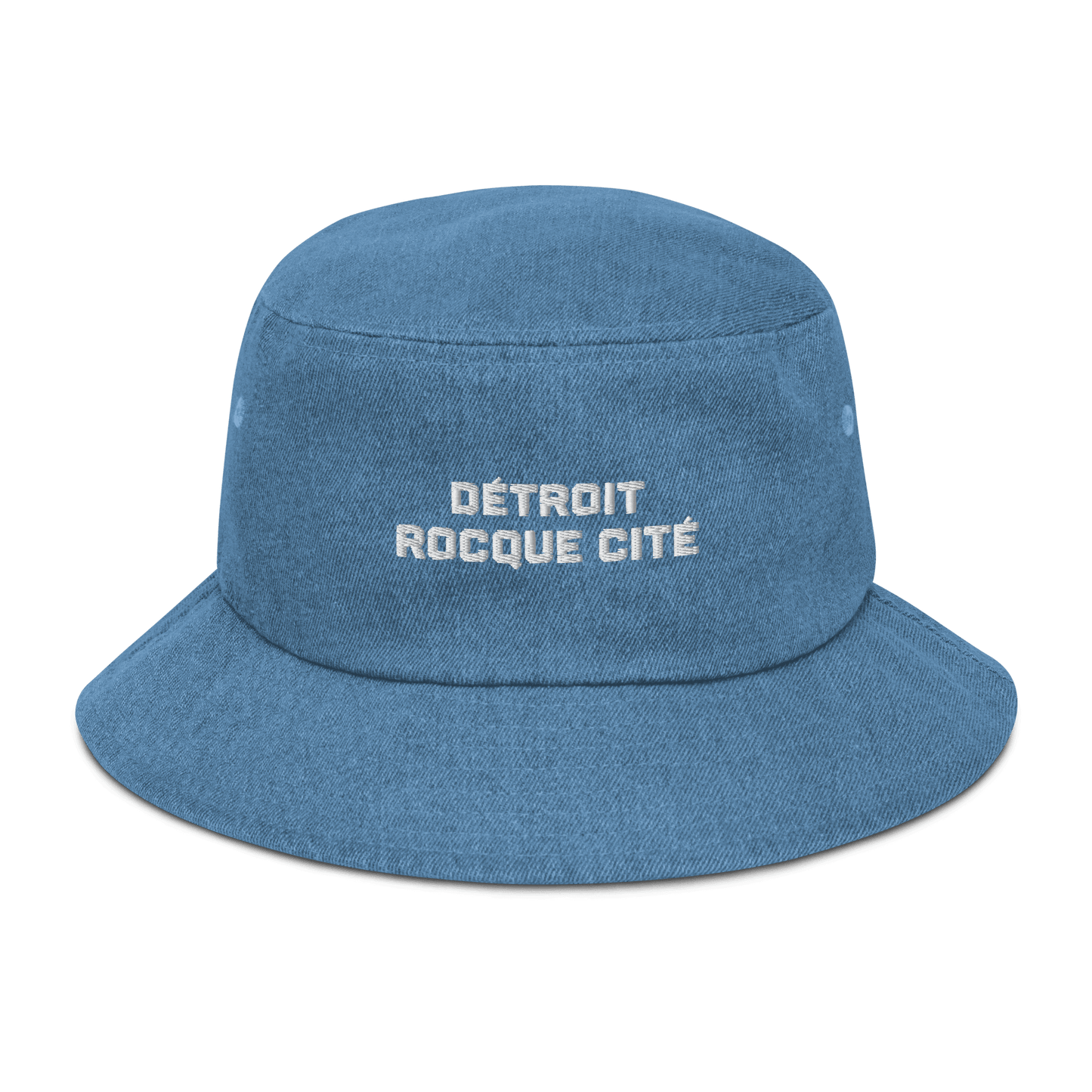 'Détroit Rocque Cité' Denim Bucket Hat | White Embroidery - Circumspice Michigan