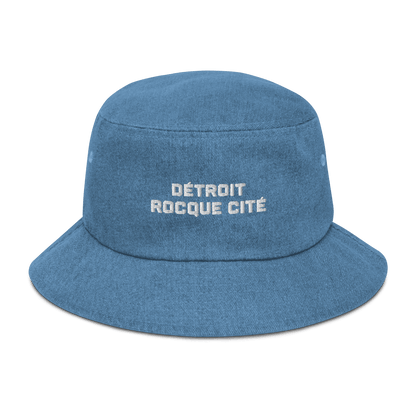 'Détroit Rocque Cité' Denim Bucket Hat | White Embroidery - Circumspice Michigan