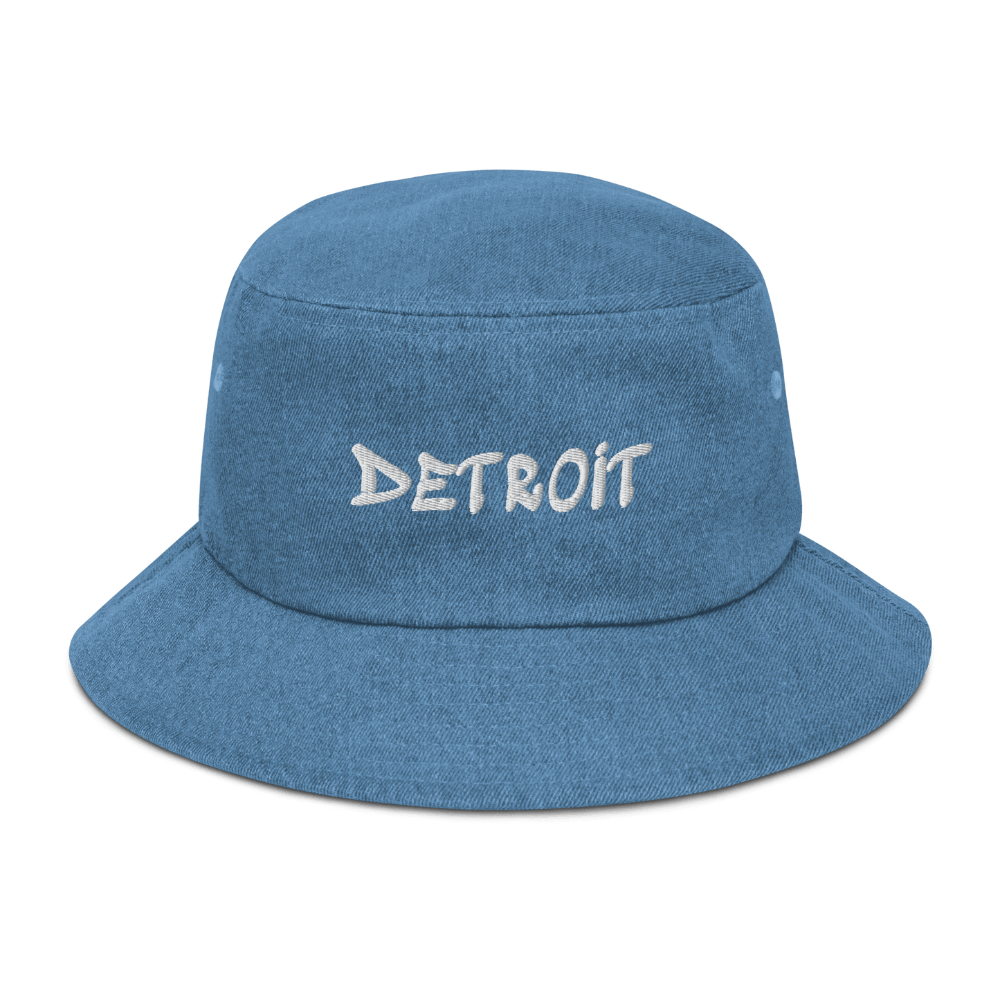 'Detroit' Denim Bucket Hat (1980's Hip Hop Font) | White Embroidery - Circumspice Michigan