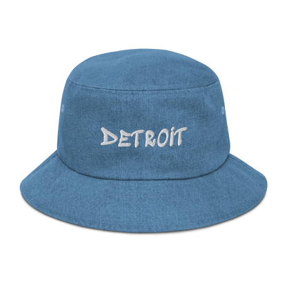 'Detroit' Denim Bucket Hat (1980's Hip Hop Font) | White Embroidery - Circumspice Michigan