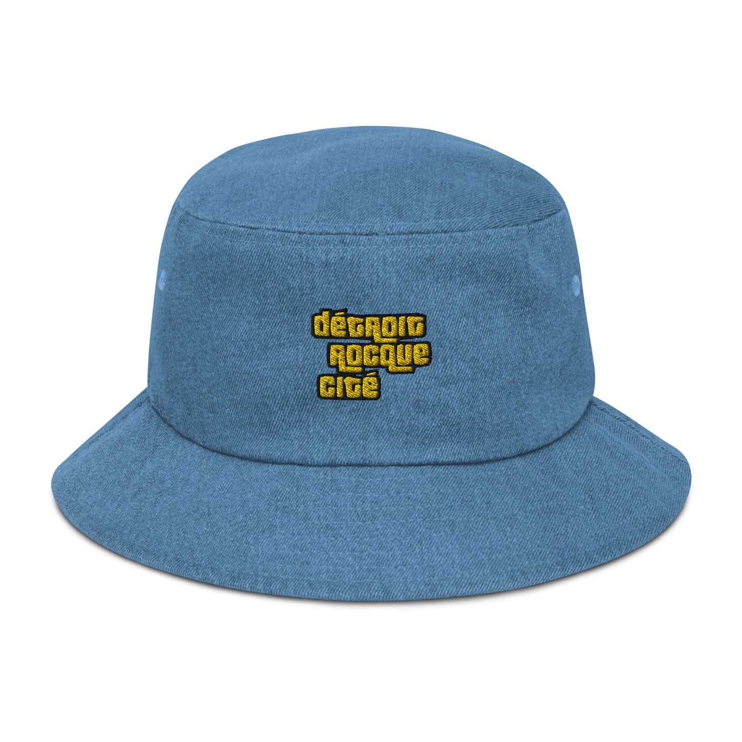 'Détroit Rocque Cité' Denim Bucket Hat (1970s Font) | Gold Embroidery