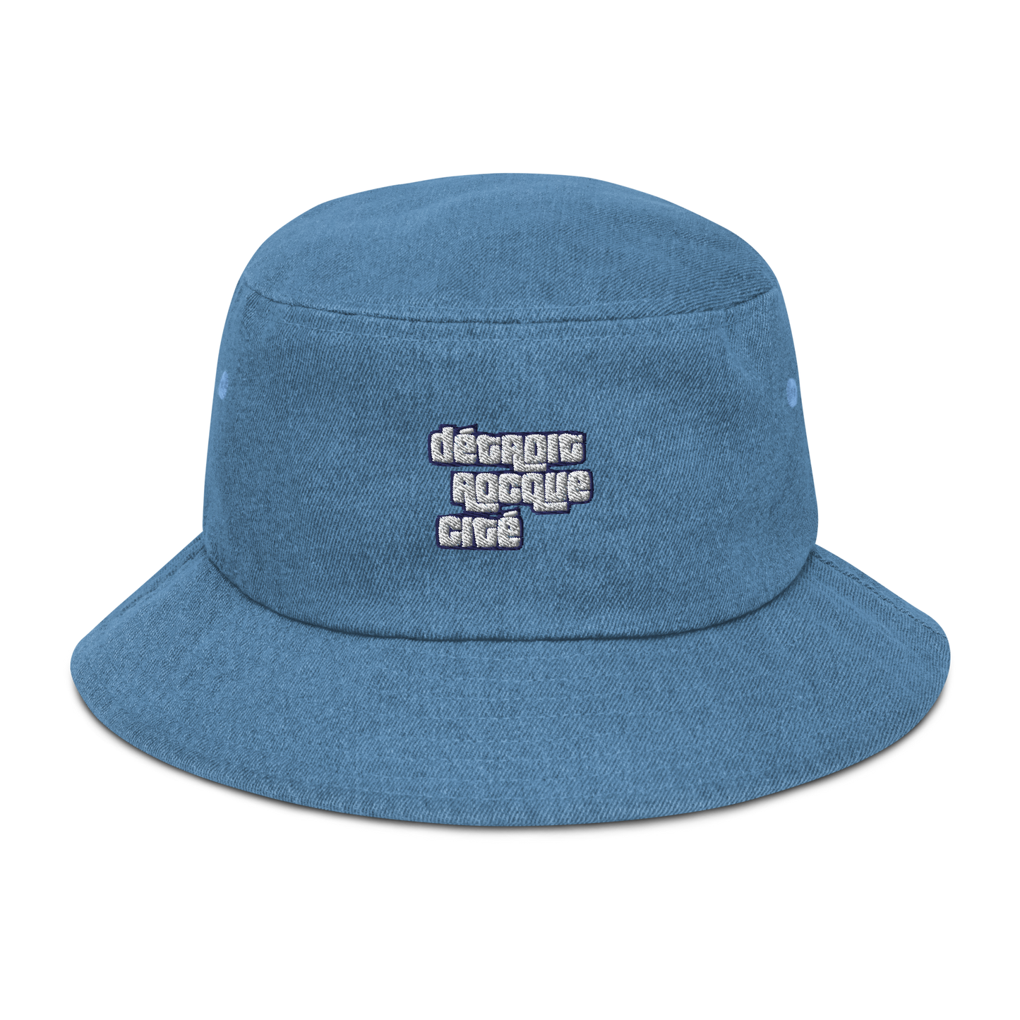 'Détroit Rocque Cité' Denim Bucket Hat (1970s Font) | White Embroidery