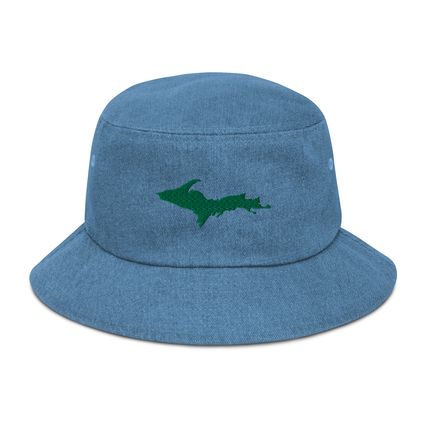 Michigan Upper Peninsula Denim Bucket Hat (w/ Green UP Outline)