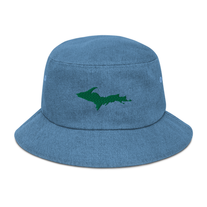 Michigan Upper Peninsula Denim Bucket Hat (w/ Green UP Outline)