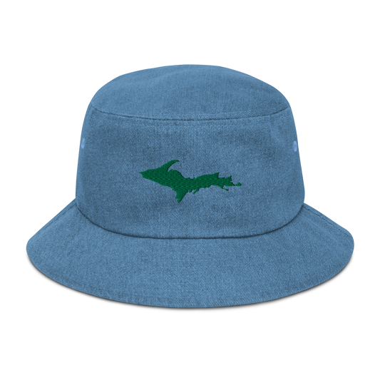 Michigan Upper Peninsula Denim Bucket Hat (w/ Green UP Outline)