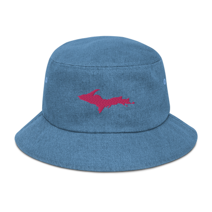 Michigan Upper Peninsula Denim Bucket Hat (w/ Pink UP Outline)