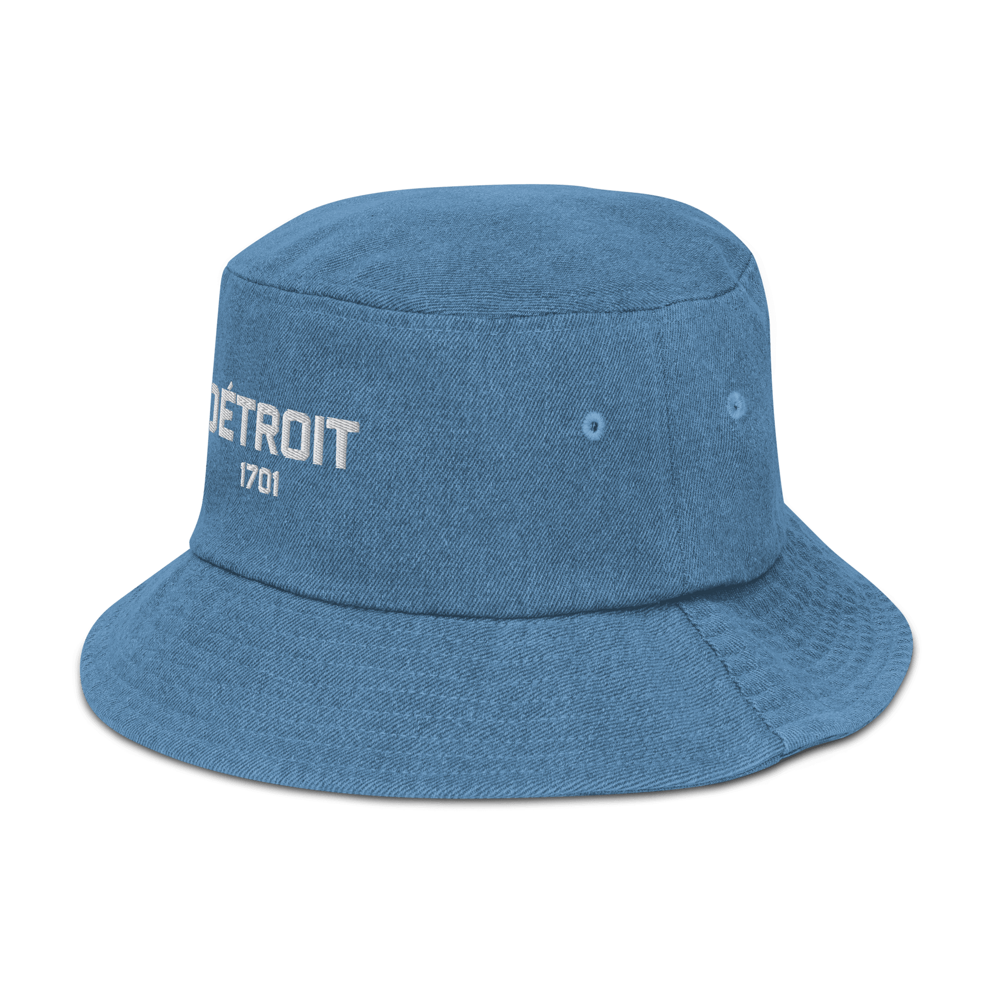 'Détroit 1701' Denim Bucket Hat | White Embroidery - Circumspice Michigan