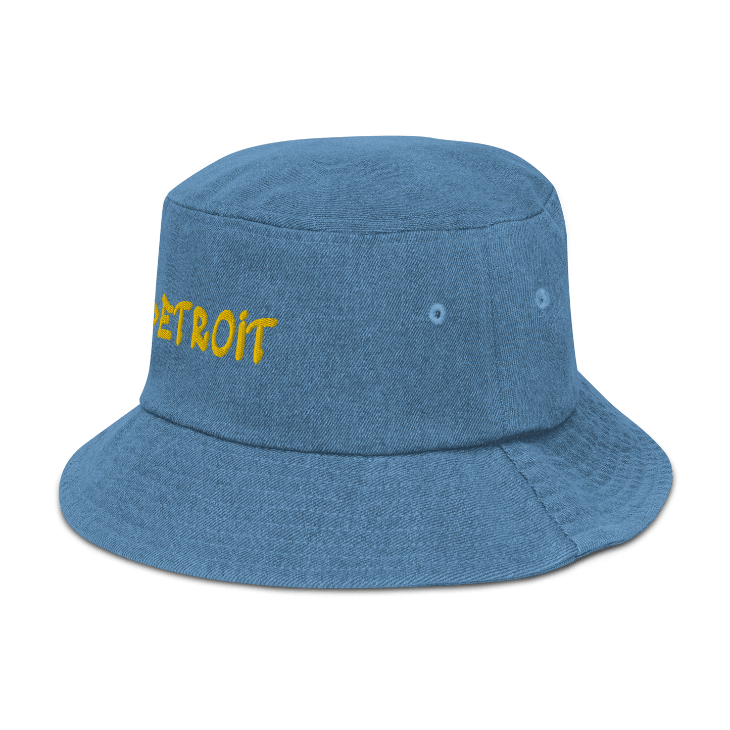 'Detroit' Denim Bucket Hat (1980s Hip Hop Font) | Yellow Embroidery - Circumspice Michigan