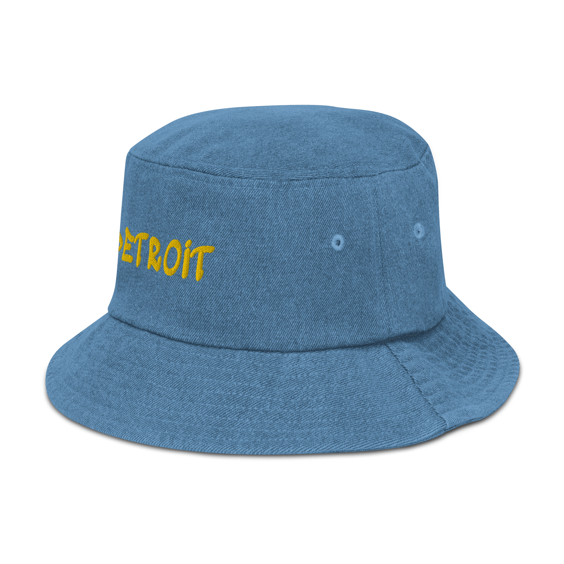 'Detroit' Denim Bucket Hat (1980s Hip Hop Font) | Yellow Embroidery - Circumspice Michigan