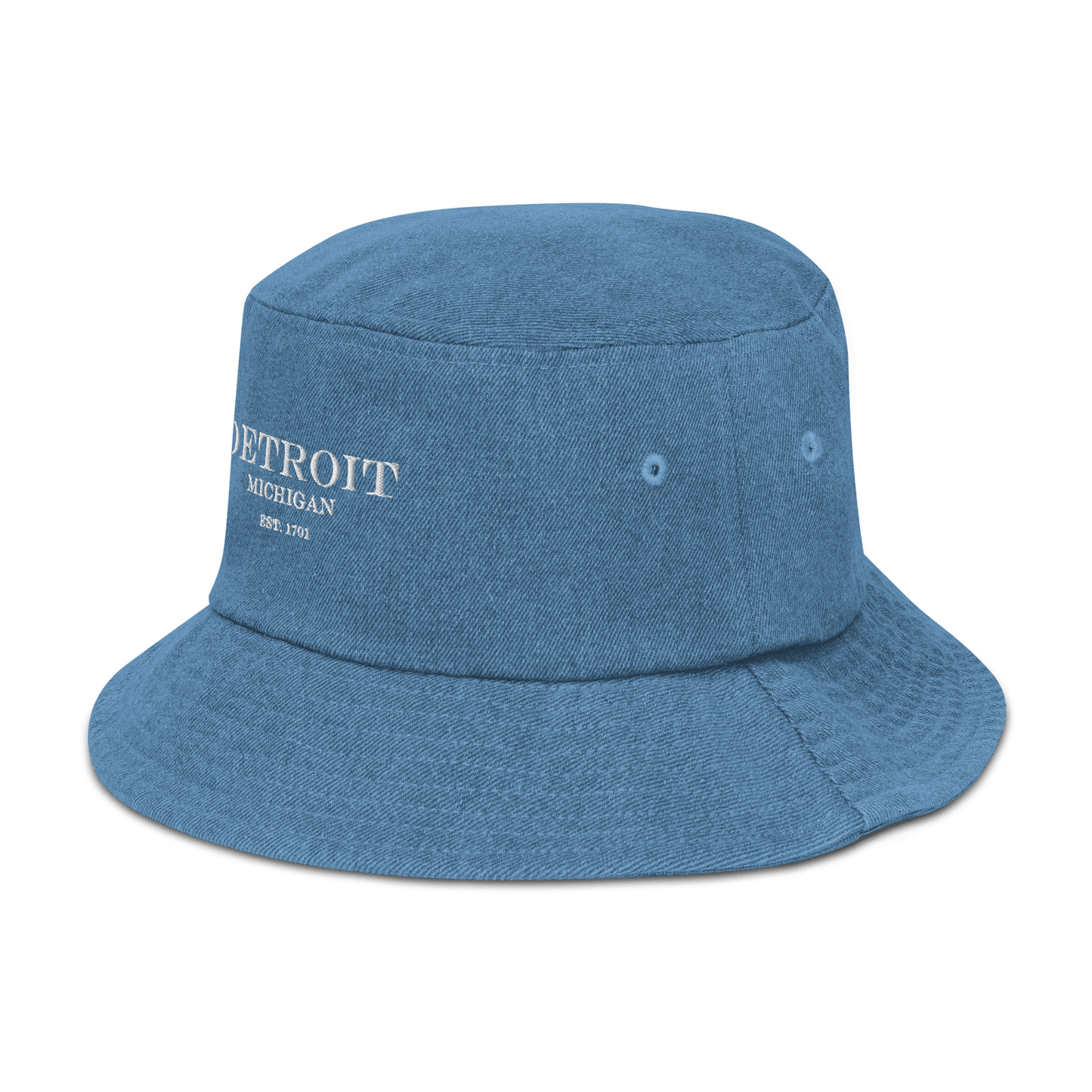 'Detroit Michigan Est. 1701' Denim Bucket Hat | White Embroidery - Circumspice Michigan