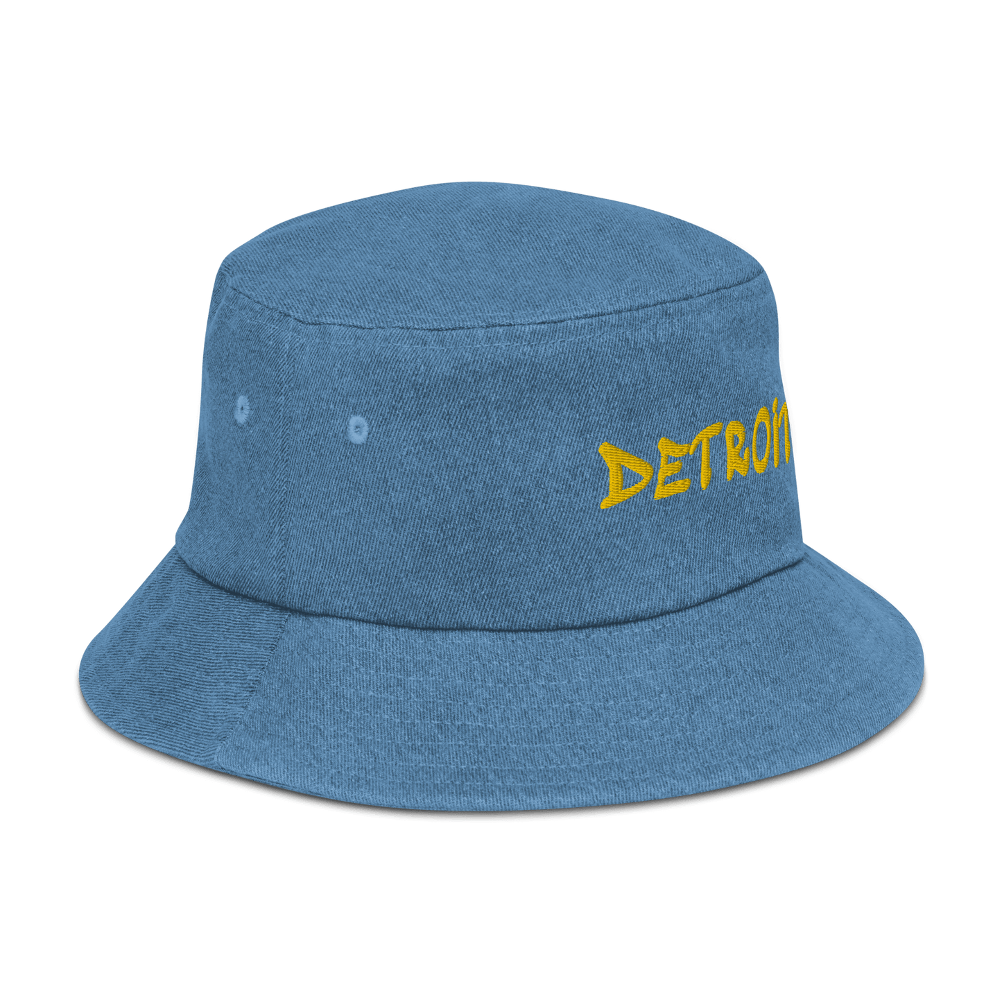 'Detroit' Denim Bucket Hat (1980s Hip Hop Font) | Yellow Embroidery - Circumspice Michigan