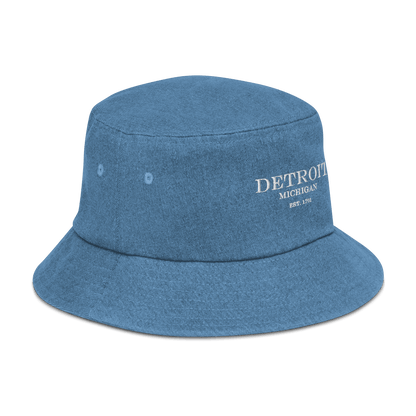 'Detroit Michigan Est. 1701' Denim Bucket Hat | White Embroidery - Circumspice Michigan