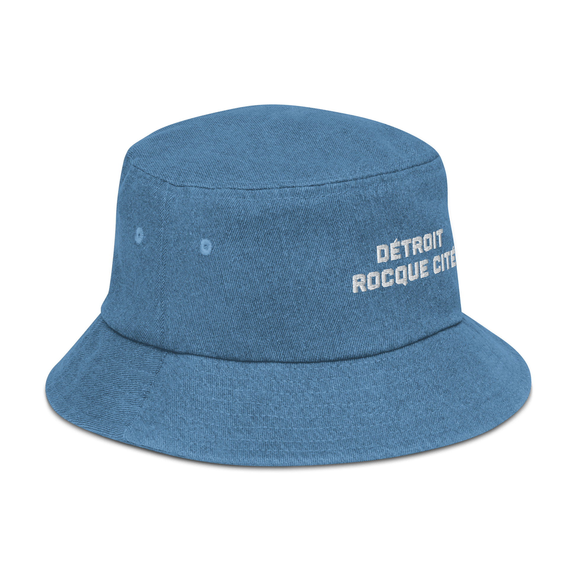 'Détroit Rocque Cité' Denim Bucket Hat | White Embroidery - Circumspice Michigan