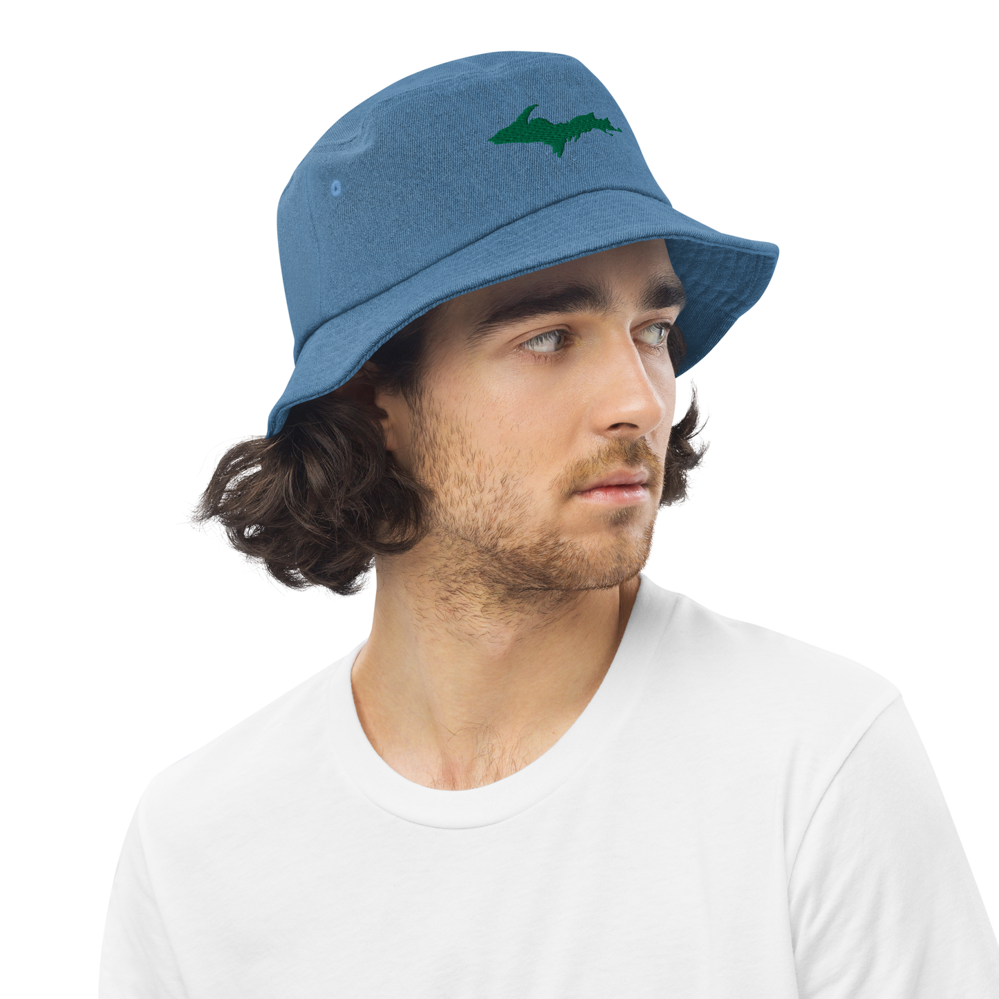 Michigan Upper Peninsula Denim Bucket Hat (w/ Green UP Outline)