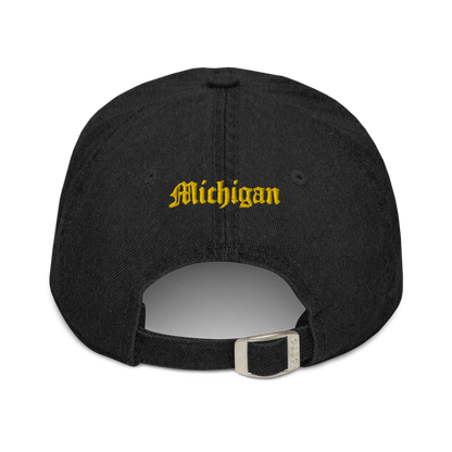 Michigan Old English 'M' Denim Baseball Cap (w/ 'Michigan' Back Design) | Gold Embroidery