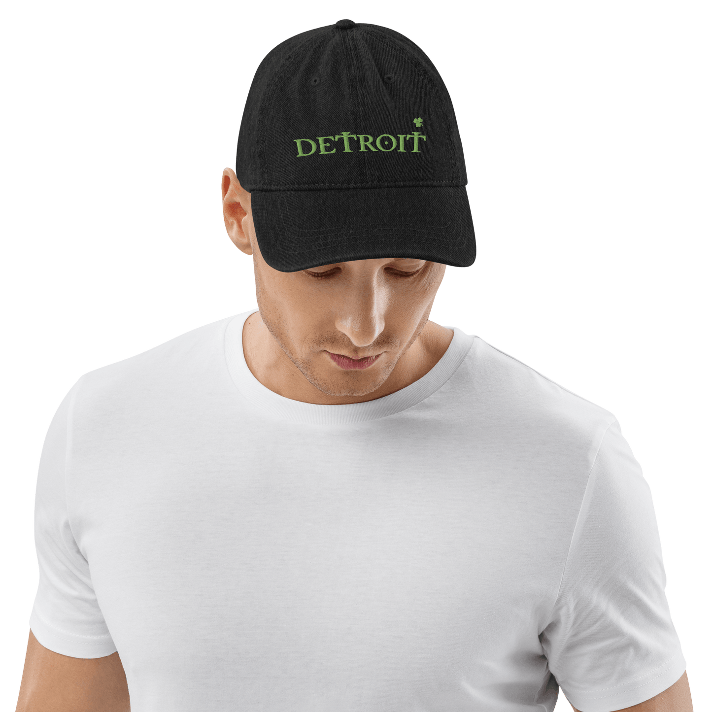 'Detroit' Denim Baseball Cap (Irish Font w/Shamrock) - Circumspice Michigan