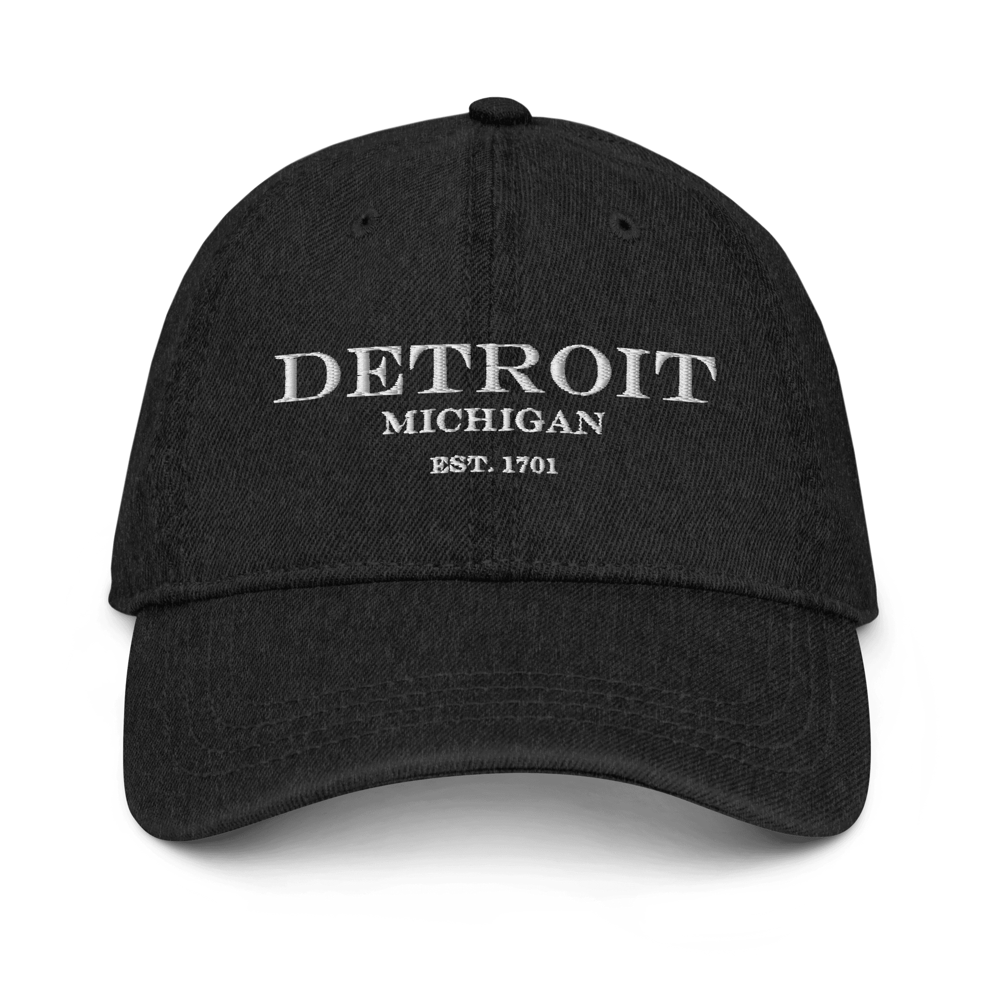 'Detroit Michigan Est. 1701' Luxury Goods Parody Denim Baseball Cap | White/Black Embroidery - Circumspice Michigan