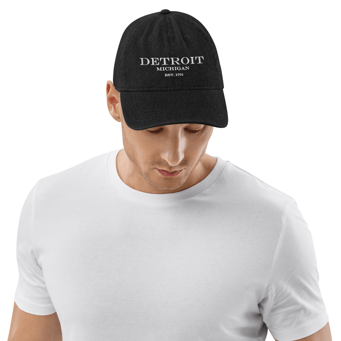 'Detroit Michigan Est. 1701' Luxury Goods Parody Denim Baseball Cap | White/Black Embroidery - Circumspice Michigan