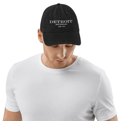 'Detroit Michigan Est. 1701' Luxury Goods Parody Denim Baseball Cap | White/Black Embroidery - Circumspice Michigan