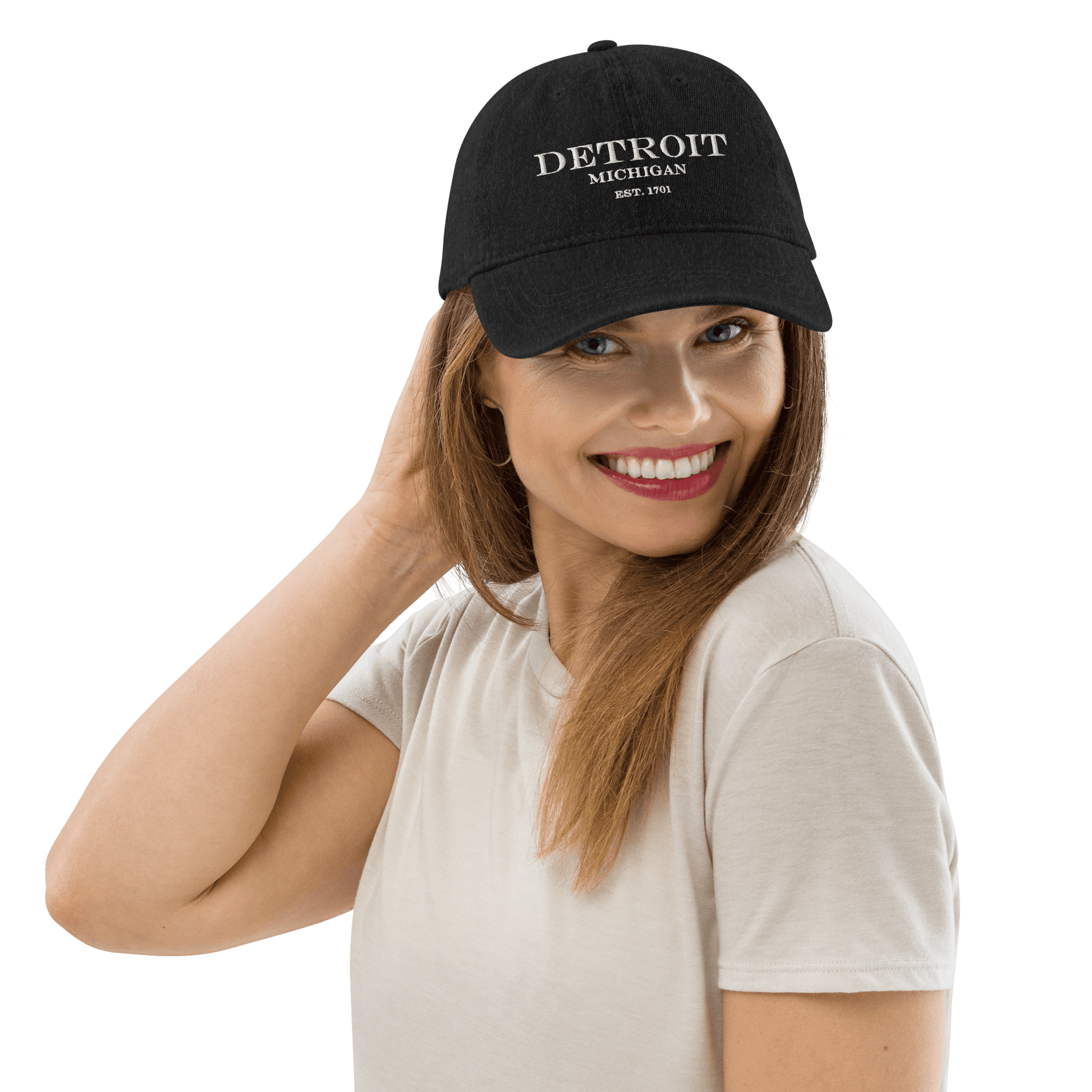 'Detroit Michigan Est. 1701' Luxury Goods Parody Denim Baseball Cap | White/Black Embroidery - Circumspice Michigan