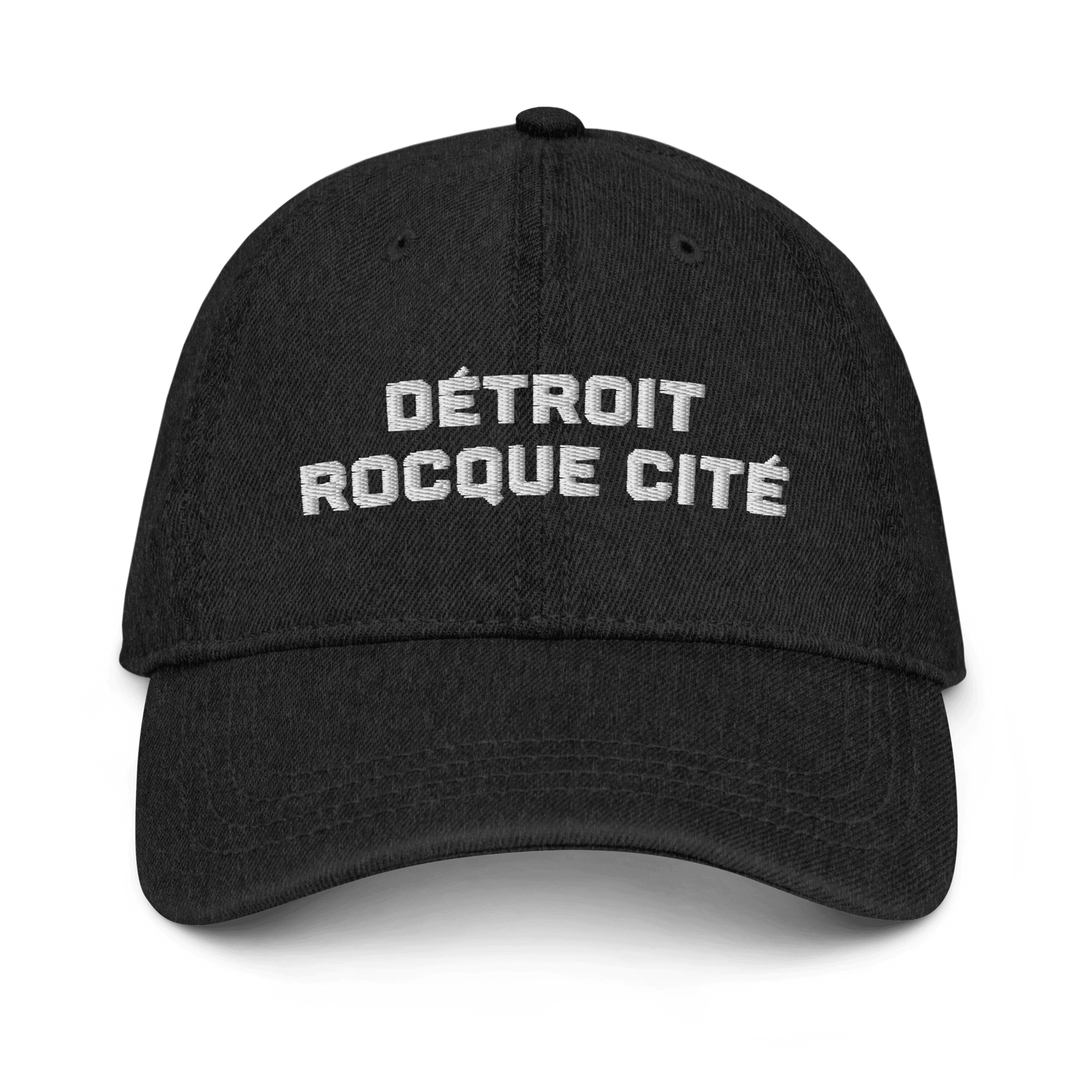 'Détroit Rocque Cité' Denim Baseball Cap | White/Navy Embroidery - Circumspice Michigan