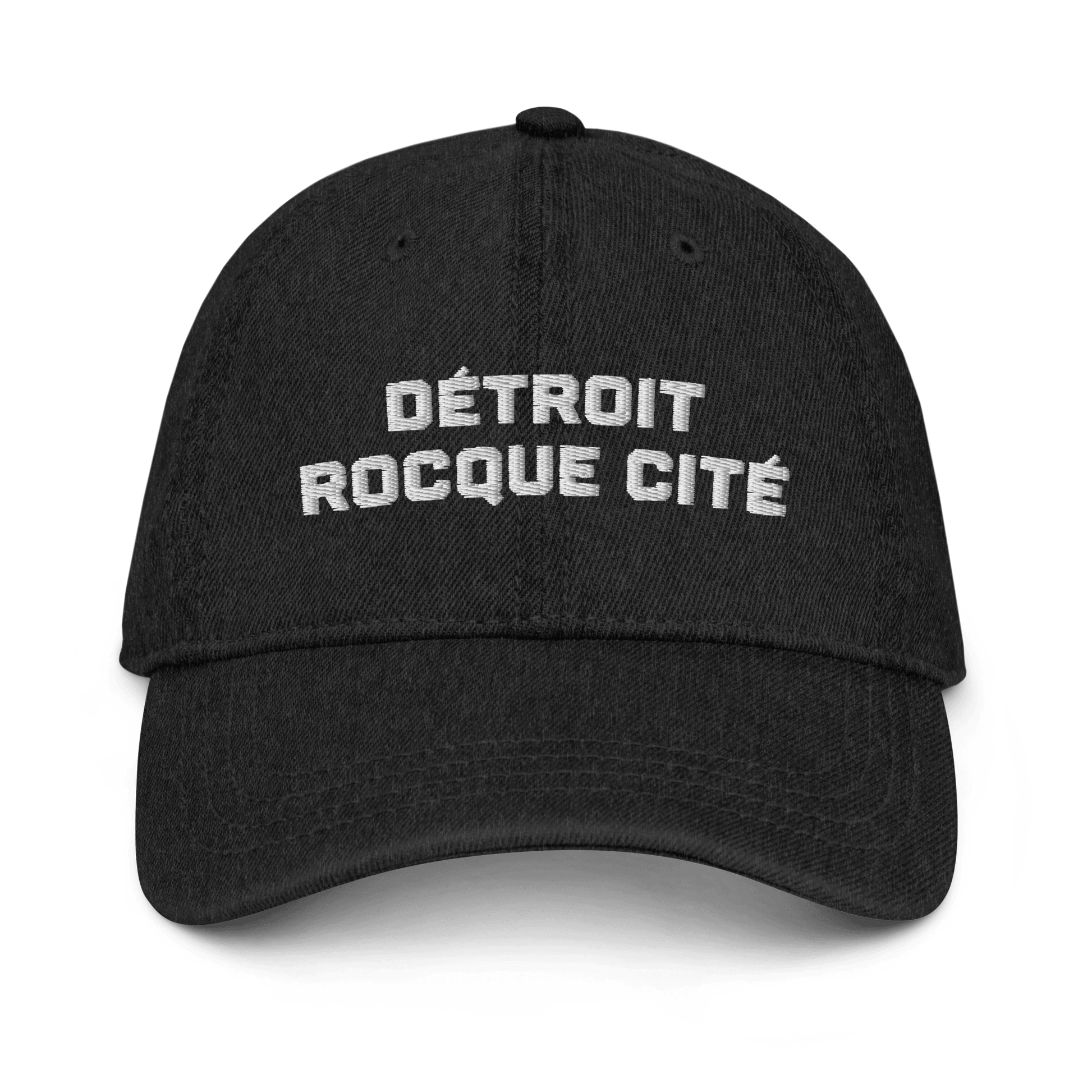 'Détroit Rocque Cité' Denim Baseball Cap | White/Navy Embroidery - Circumspice Michigan